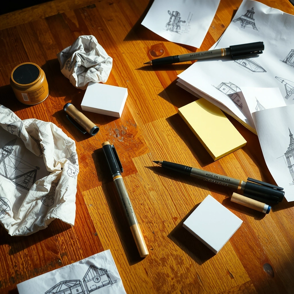 Atelier de conception rempli de croquis et notes