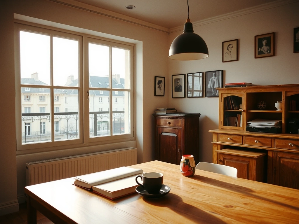 Intérieur du studio layvero, lumière naturelle sur un plan de travail en bois